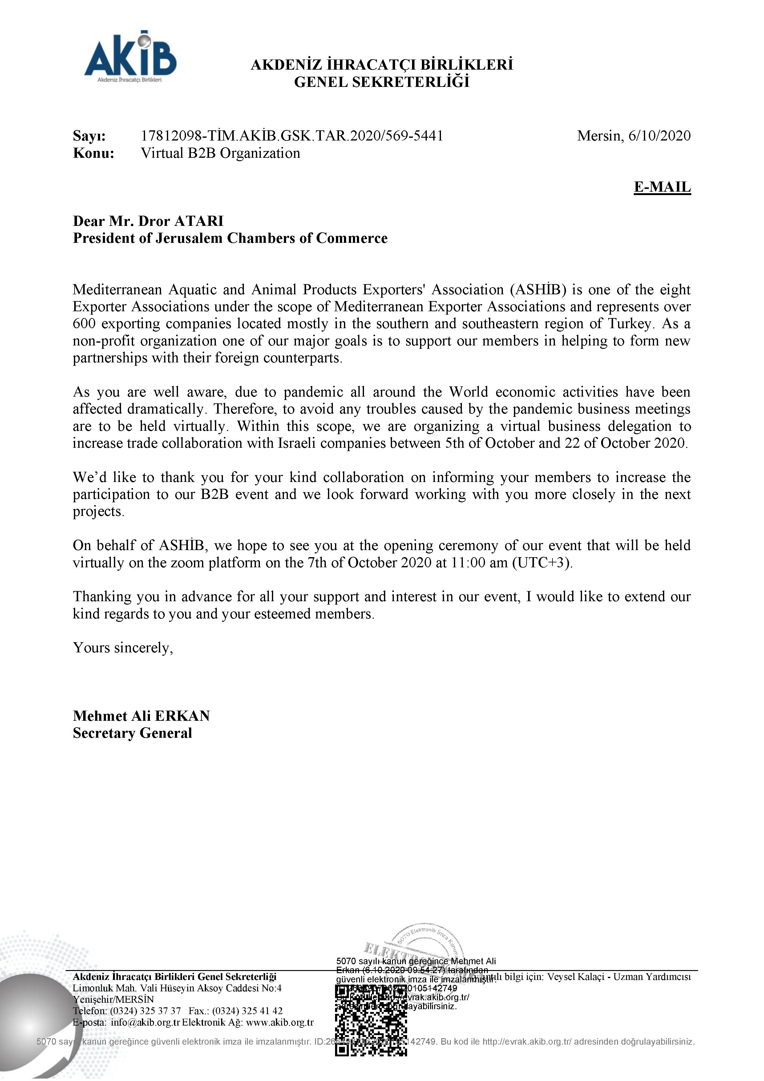 Virtual B2B Organization Jarusalem Chamber of Commerce Letter מכתב מטורקיה