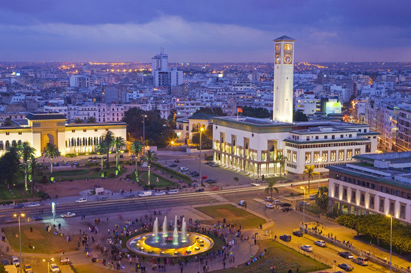 Morocco, Casablanca, Place Mohammed V.The Palais de Justice (law courts) building on the left and the Ancienne Prefecture (Old Police Station) on the right.